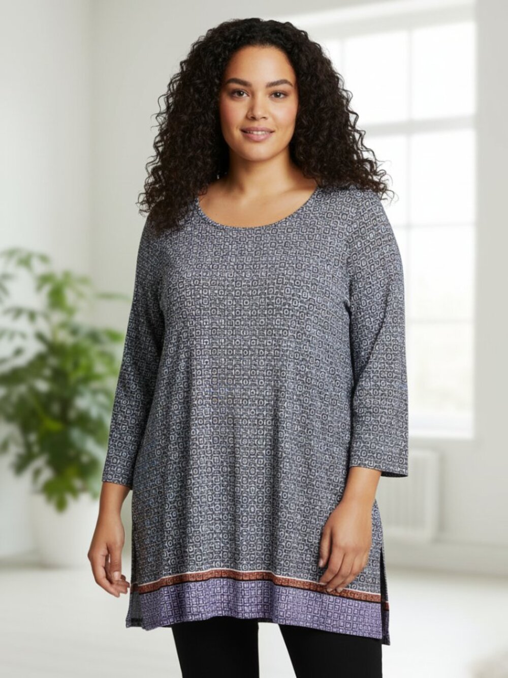 Philosophy 2X Tunic Top Blue White Knit Stretch 3/4 Sleeve Boho Casual Comfy